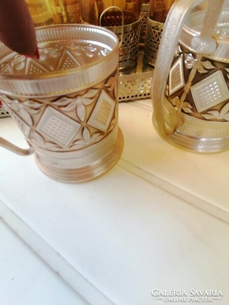 Orosz teás készlet tálcával Vereco füstszínű poharakkal