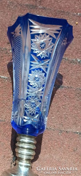 Antik Ezüst Talpú kék kristály váza