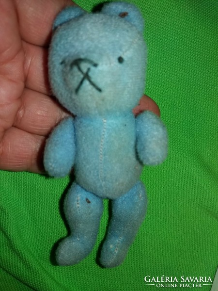Antique sonneberger small toy blue microplush teddy bear with wooden holder, extremely rare according to the pictures