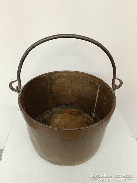 Antique kitchen brass cauldron large heavy pot kettle with iron handle 762 8699