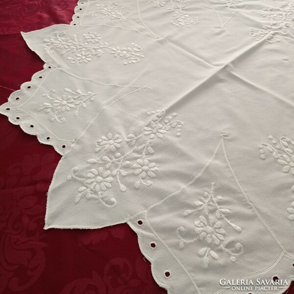 Elegant white on white, hand-embroidered, tablecloth, centerpiece, diameter 83 cm