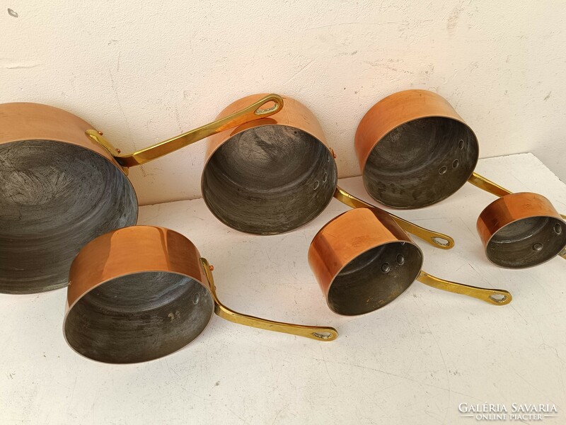 Antique kitchen tool with traces of tin plating, red copper pot, brass handle, set of 6 pieces 801 8744
