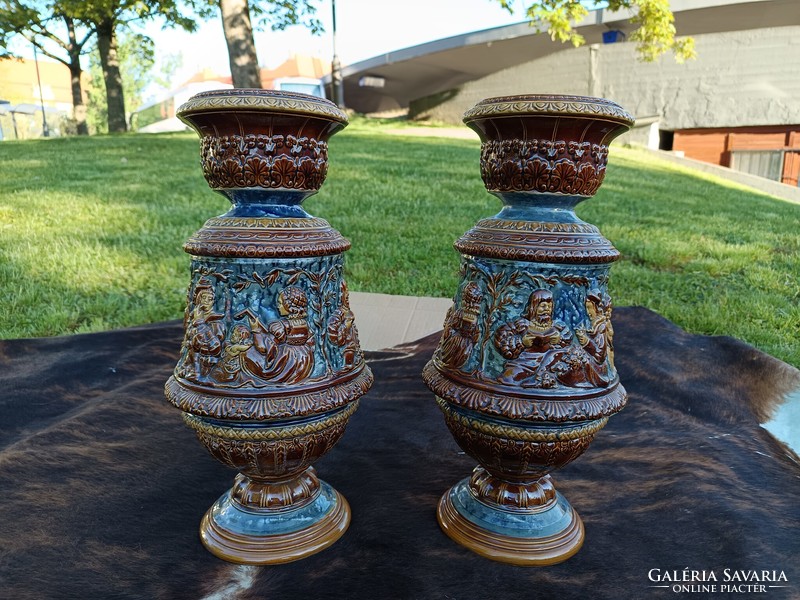 Pair of antique majolica, Renaissance scene vases. 1970