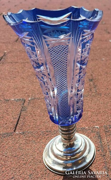 Blue crystal vase with antique silver base