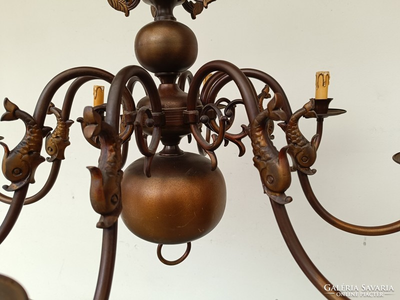 Antique 8-arm patinated large bronzed copper Flemish fish chandelier 859 8762