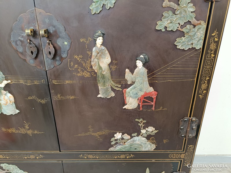 Antique Chinese furniture plant geisha bird grease stone convex inlaid painted black lacquer cabinet 819 8751