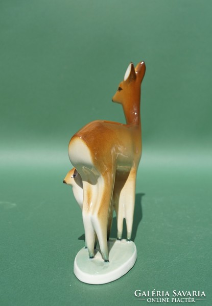 Old Zsolnay porcelain figure of deer with fawn kid with shield seal