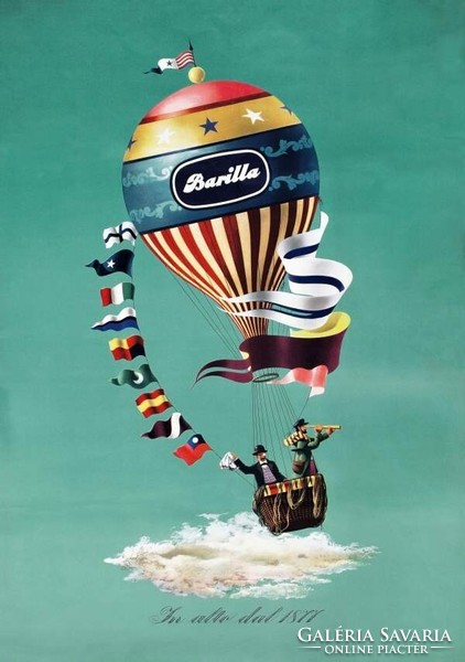 Vintage barilla advertising poster reprint print, italian pasta pasta food cooking kitchen chef hot air balloon