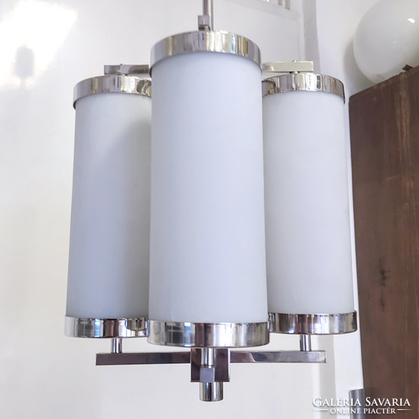 Art deco - Bauhaus 4 égős nikkelezett csillár felújítva - tejüveg csőbúrák
