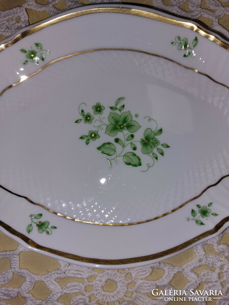 Hollóházi green flowered, gold edged, porcelain oval serving bowl