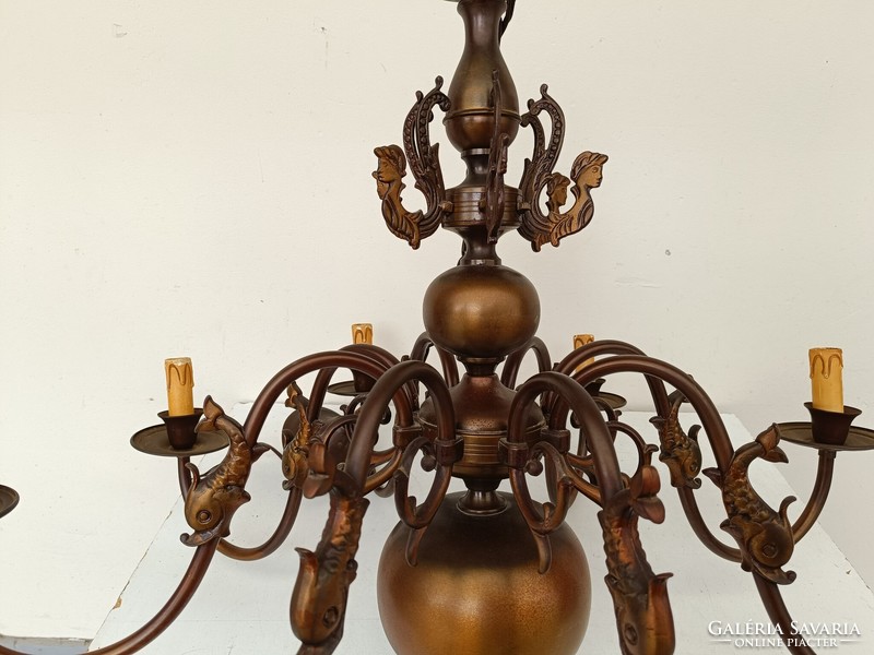 Antique 8-arm patinated large bronzed copper Flemish fish chandelier 859 8762