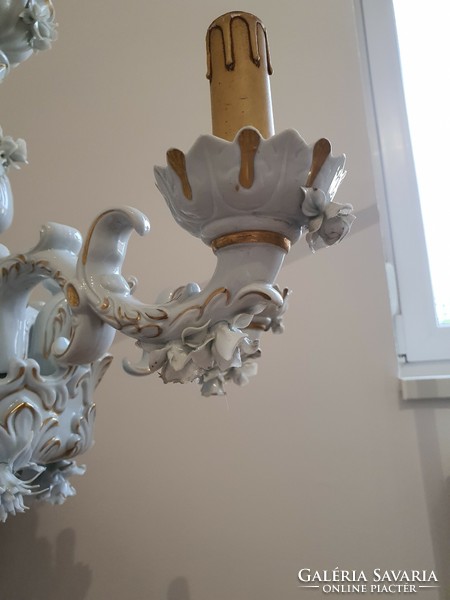 Capodimonte 6 ágú porcelán csillár, virág díszítéssel, arany festéssel. (Videó!)