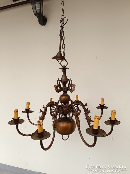 Antique 8-arm patinated large bronzed copper Flemish fish chandelier 859 8762