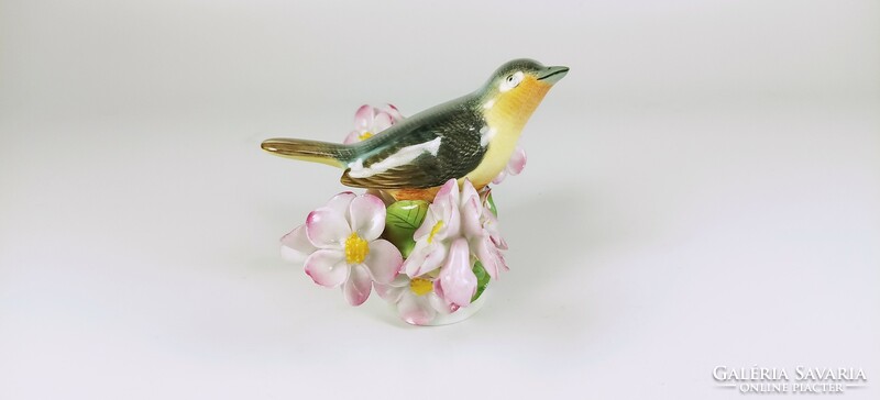 Herend colorful songbird among pink flowers, hand-painted porcelain figure (b165)