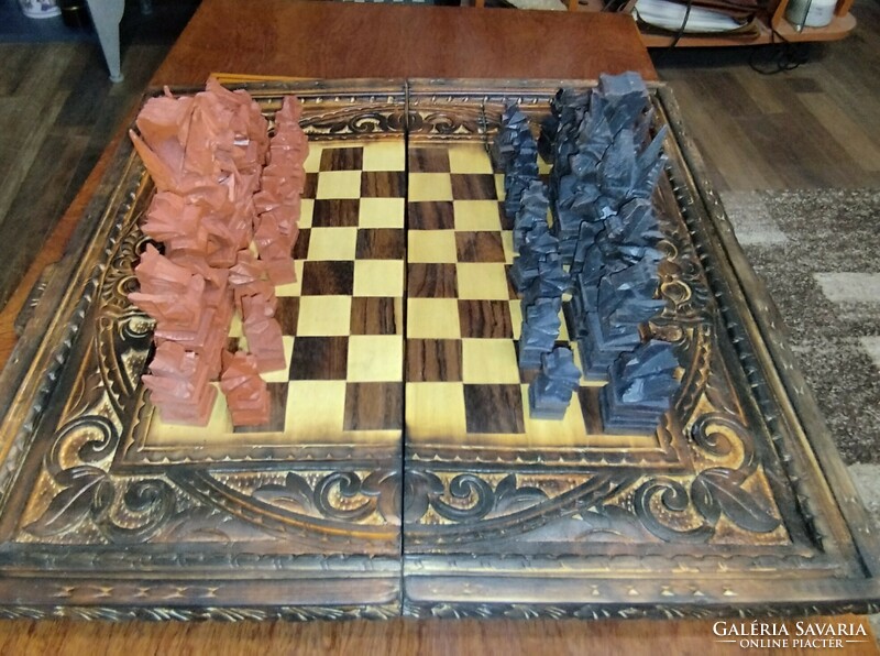 Indonesian carved chess set with carved board