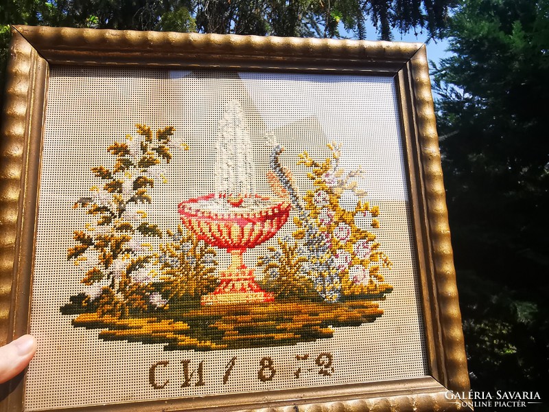 Fountain with peacock, antique tapestry