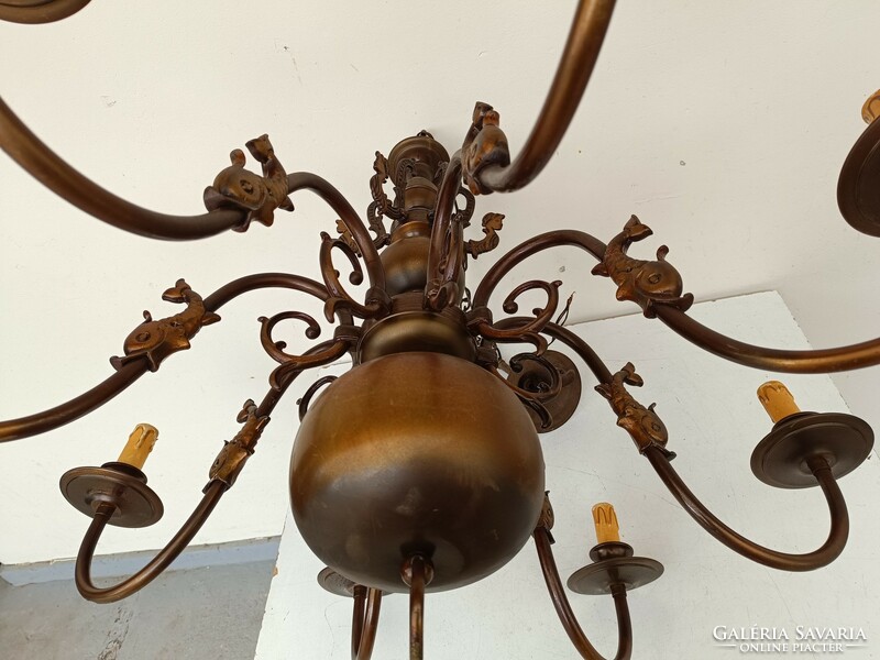 Antique 8-arm patinated large bronzed copper Flemish fish chandelier 859 8762