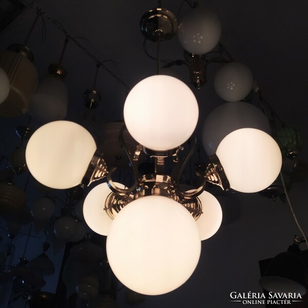 Art deco 5-arm - 6-burner copper chandelier renovated - cream-colored spherical shades - lampart