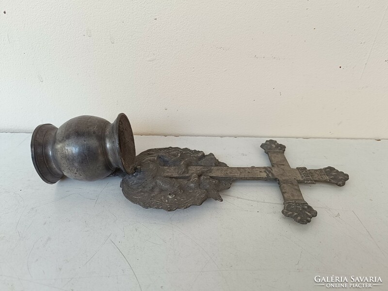 Antique holy water holder 18 - 19 century pewter Christian religion angel cross wall holy water holder 416