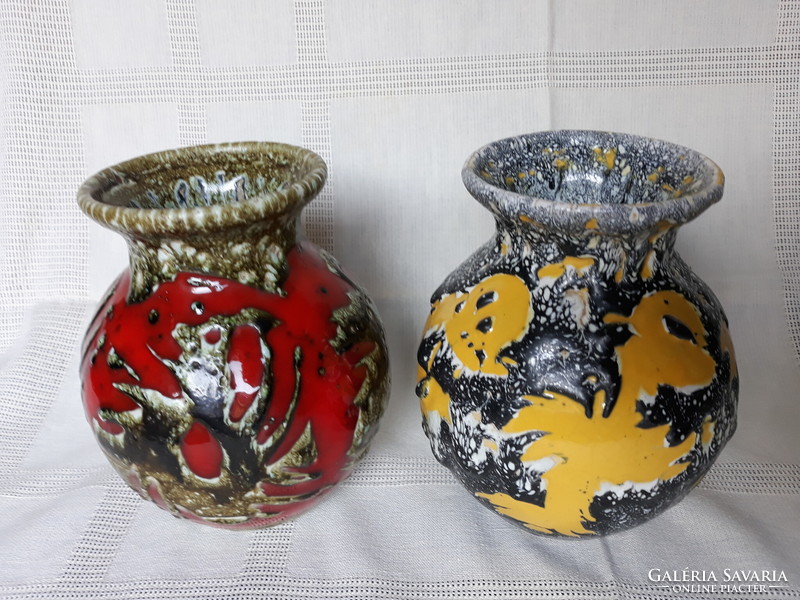 Retro industrial art abstract patterned ceramic vases in a pair
