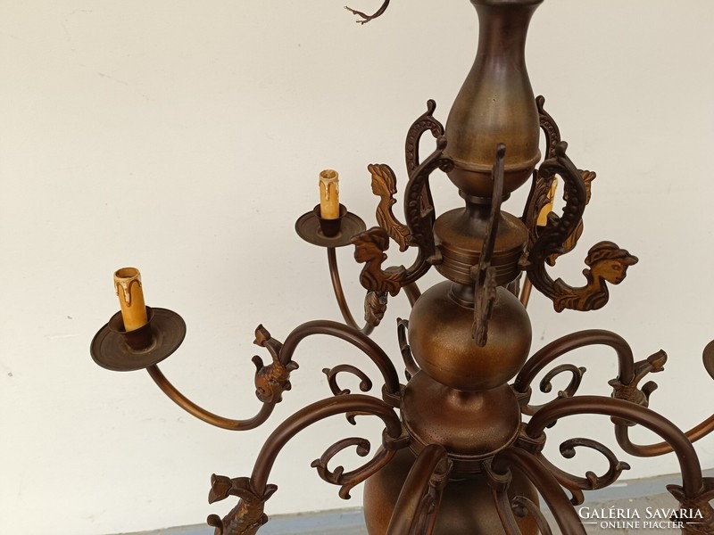 Antique 8-arm patinated large bronzed copper Flemish fish chandelier 859 8762