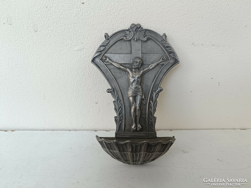 Antique holy water holder 19th century pewter Christian religion Christ wall holy water holder no hanger