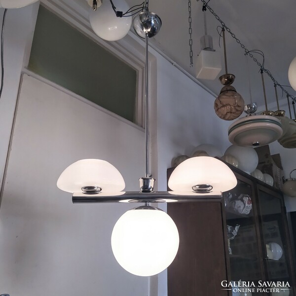 Bauhaus - art deco 3-burner chandelier renovated - milk glass shades