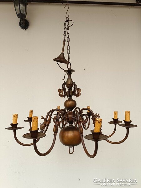 Antique 8-arm patinated large bronzed copper Flemish fish chandelier 859 8762