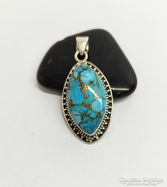 Large silver pendant with turquoise+pyrite stone