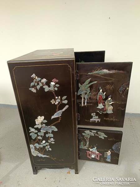 Antique Chinese furniture plant geisha bird grease stone convex inlaid painted black lacquer cabinet 819 8751