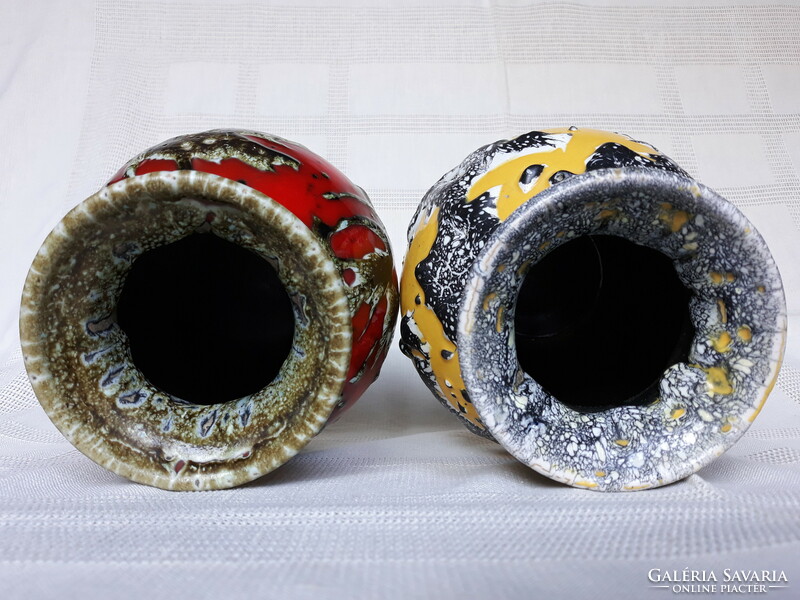 Retro industrial art abstract patterned ceramic vases in a pair