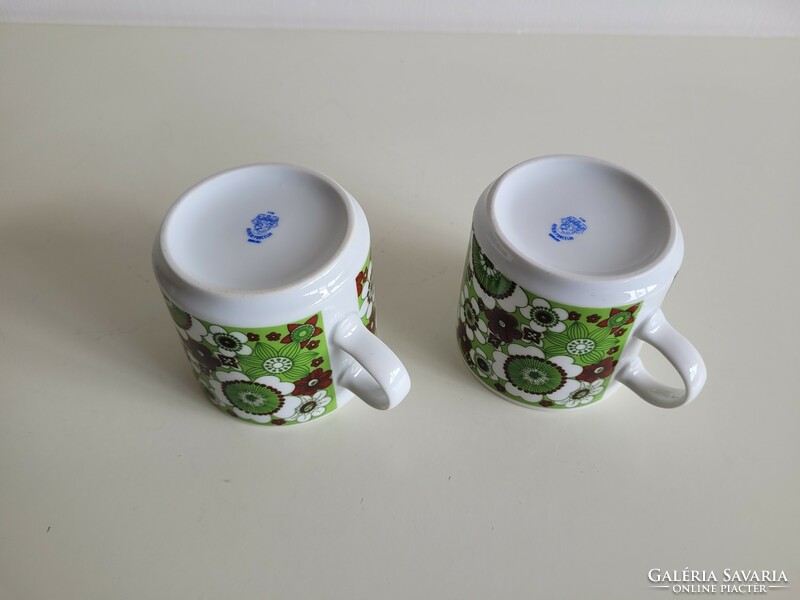 Retro old 2 lowland porcelain mugs green brown floral mugs with a rare pattern