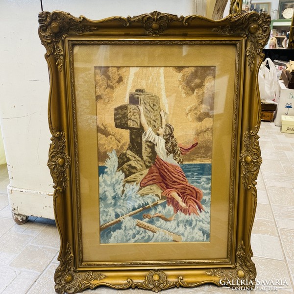 Religious needle tapestry in blonde frame