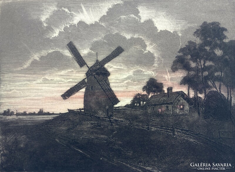 Gyula Rudnay (1878-1957): evening at the mill, colored etching - rare collector's graphic