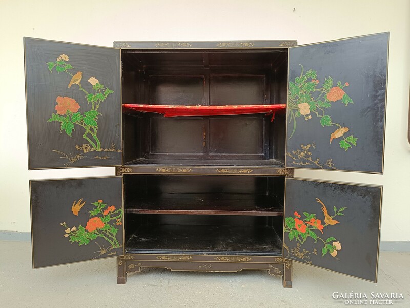 Antique Chinese furniture plant geisha bird grease stone convex inlaid painted black lacquer cabinet 819 8751