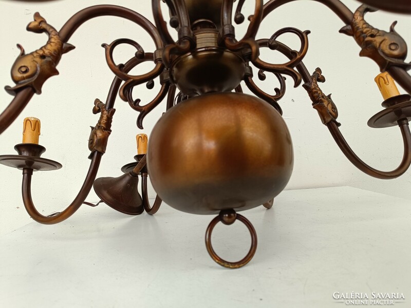 Antique 8-arm patinated large bronzed copper Flemish fish chandelier 859 8762
