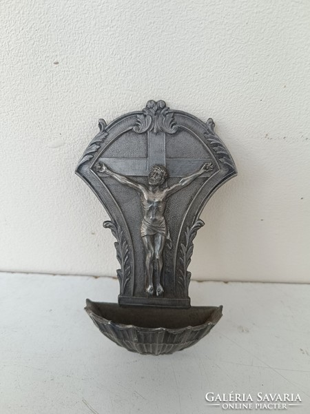 Antique holy water holder 19th century pewter Christian religion Christ wall holy water holder no hanger