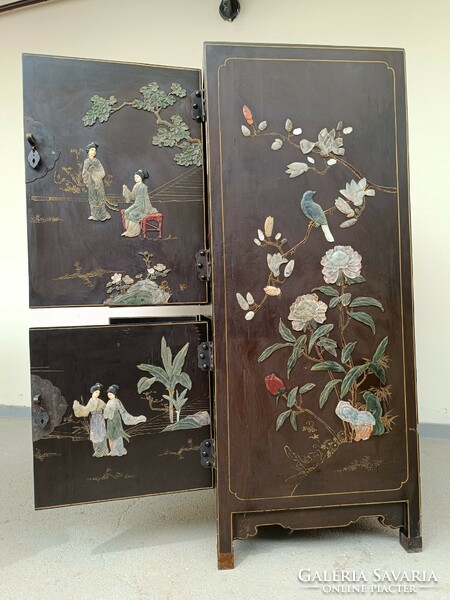 Antique Chinese furniture plant geisha bird grease stone convex inlaid painted black lacquer cabinet 819 8751