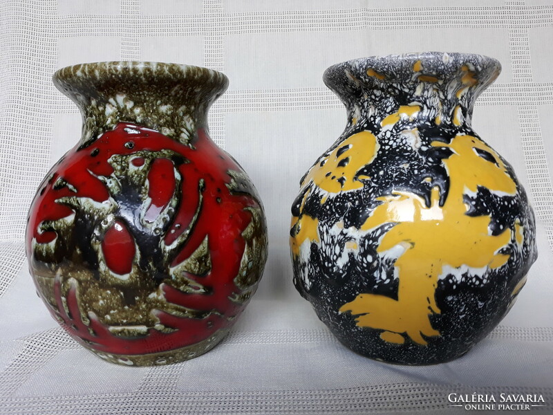 Retro industrial art abstract patterned ceramic vases in a pair