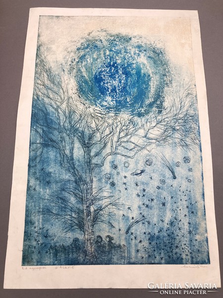 Dénes Molnár (1947-2000): galaxy - colored etching, aquaforte, artist's copy - rarity