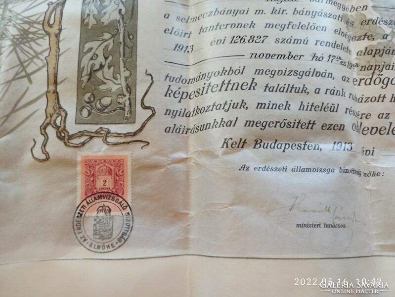 Forest engineering certificate of Géza Botos, 1913, with parchment dry seal