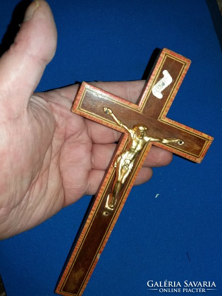 1993. Very nice inlaid wooden wall cross, crucifix corpus copper with Jesus corpus according to the pictures