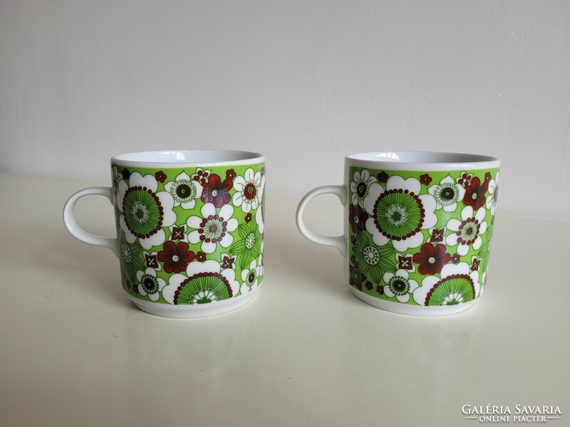 Retro old 2 lowland porcelain mugs green brown floral mugs with a rare pattern