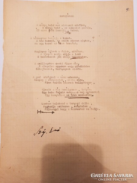 Szép ernő: gate closing poem, typed and signed