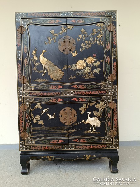 Antique Chinese furniture plant bird peacock grease stone embossed mother-of-pearl inlaid black lacquer cabinet 8676