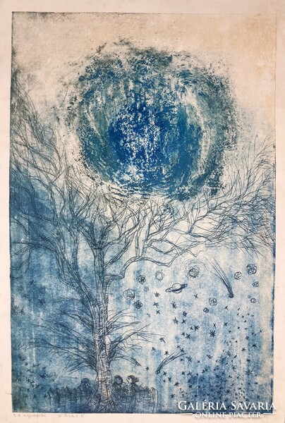 Dénes Molnár (1947-2000): galaxy - colored etching, aquaforte, artist's copy - rarity