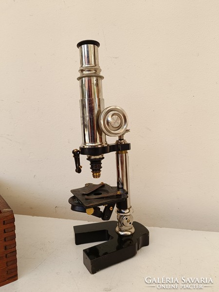Antik mikroszkóp műszer szerszám eredeti dobozában kulcsával műszaki régiség 834 8730