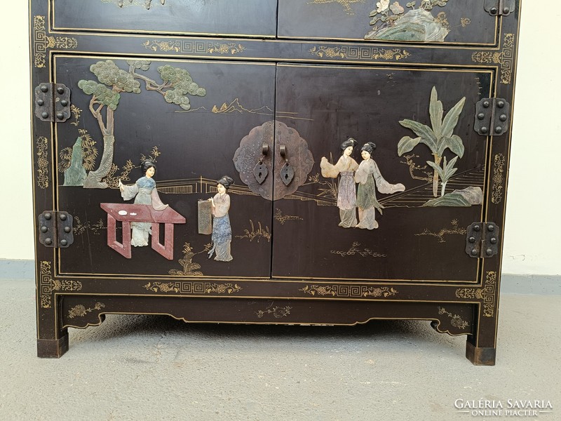 Antique Chinese furniture plant geisha bird grease stone convex inlaid painted black lacquer cabinet 819 8751