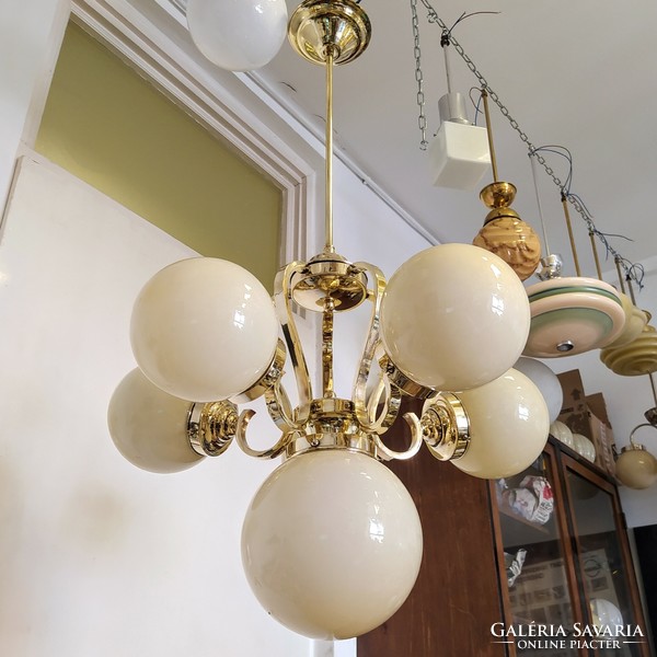 Art deco 5-arm - 6-burner copper chandelier renovated - cream-colored spherical shades - lampart