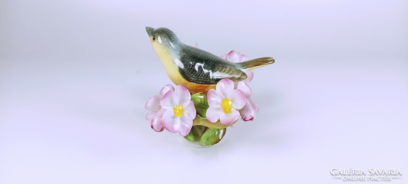 Herend colorful songbird among pink flowers, hand-painted porcelain figure (b165)
